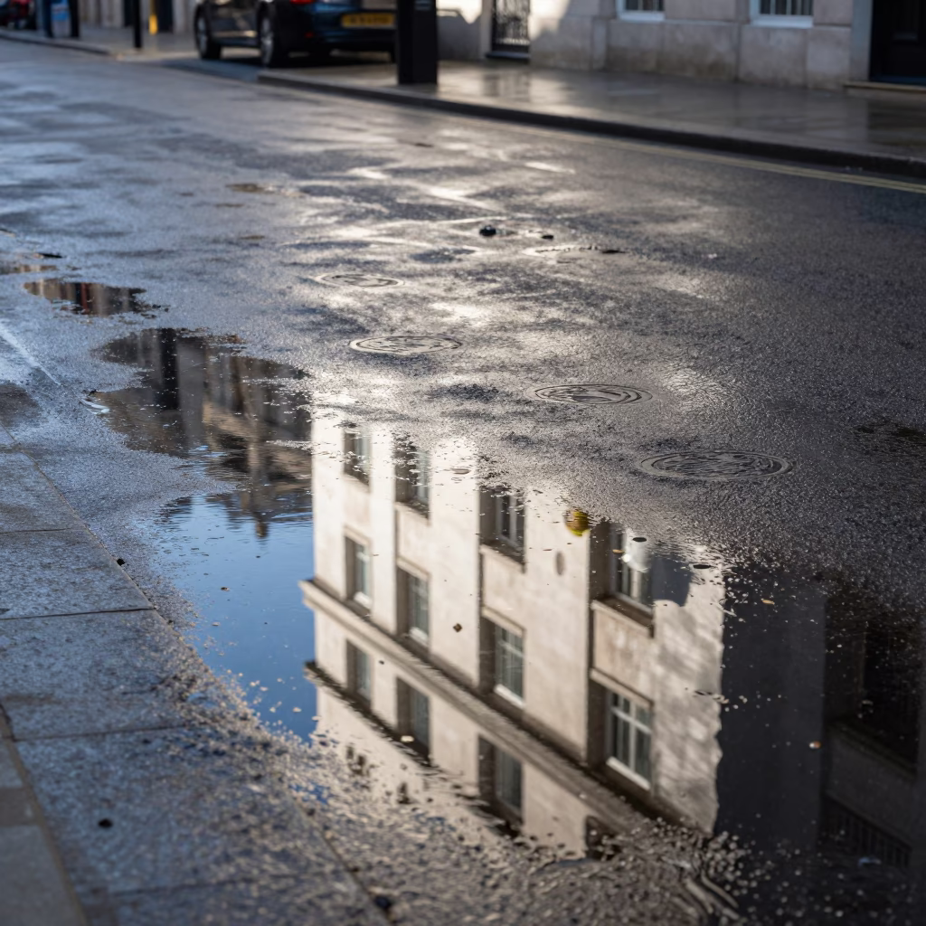 Noon Light Reflections on London Street Puddle with Hotel Windows and Tail Lights in in London, United Kingdom