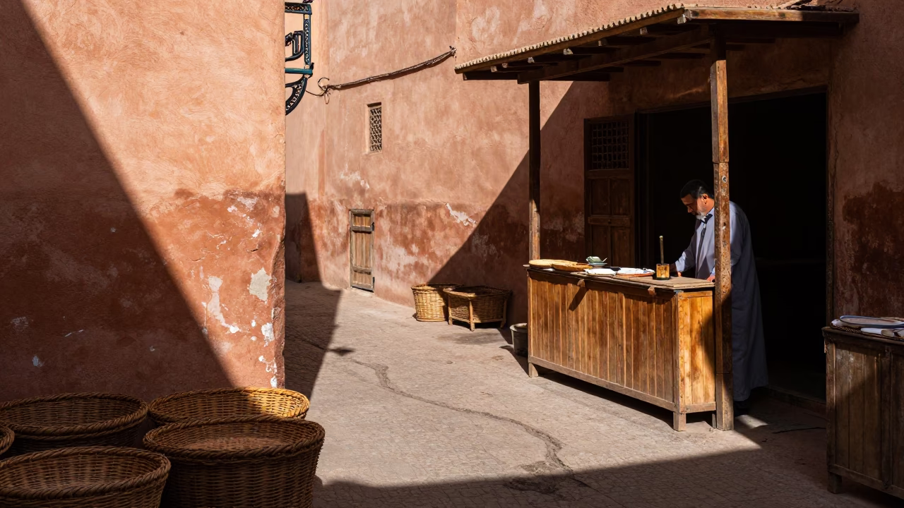 Noon Light Shadows on Traditional Wicker Basket Frame in Marrakech Medina Souk in in Marrakech, Morocco