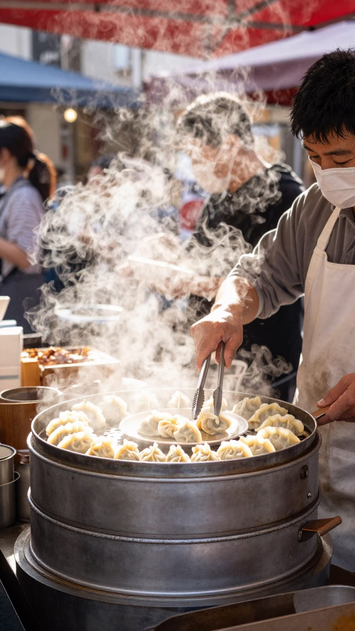 Noon Light Street Food Stall with Steam and Urban Osaka Background in in Osaka, Japan