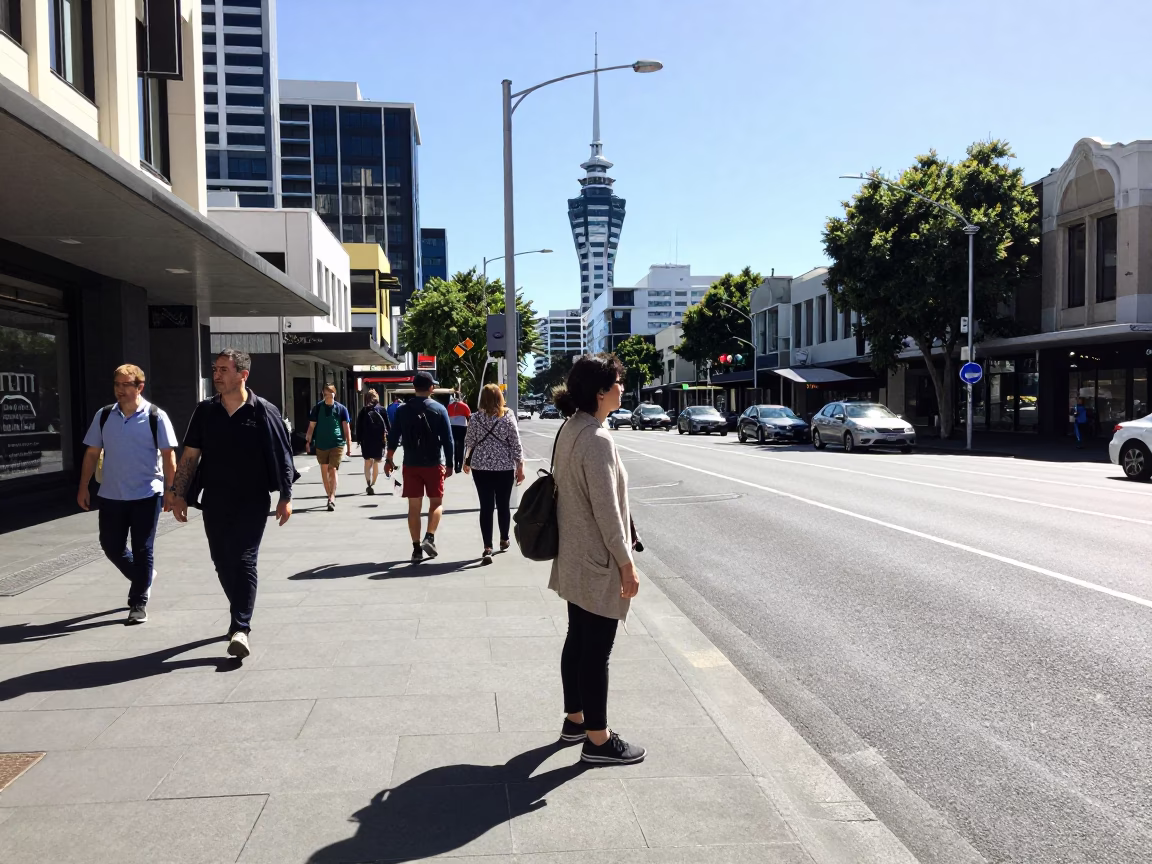 Noon Light Street Scene in Auckland New Zealand with Commuters and Urban Details in in Auckland, New Zealand