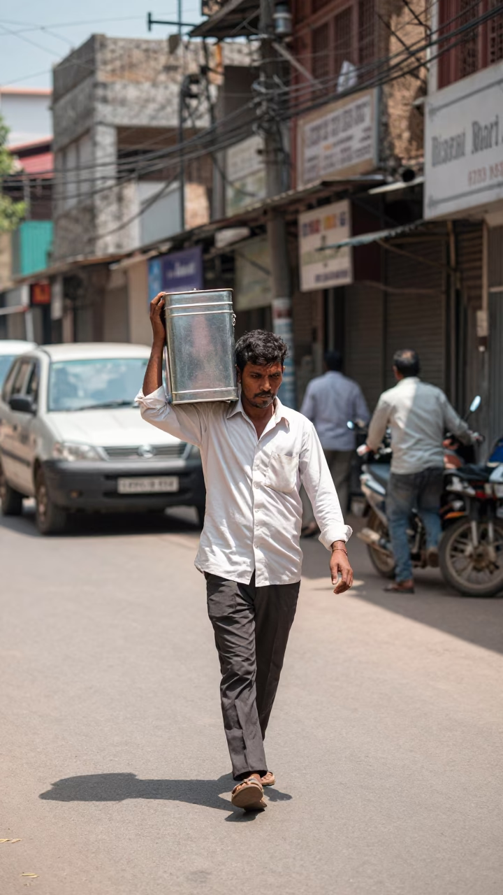 Noon Light Street Scene in Hyderabad India with Man Carrying Tin Box in in Hyderabad, India