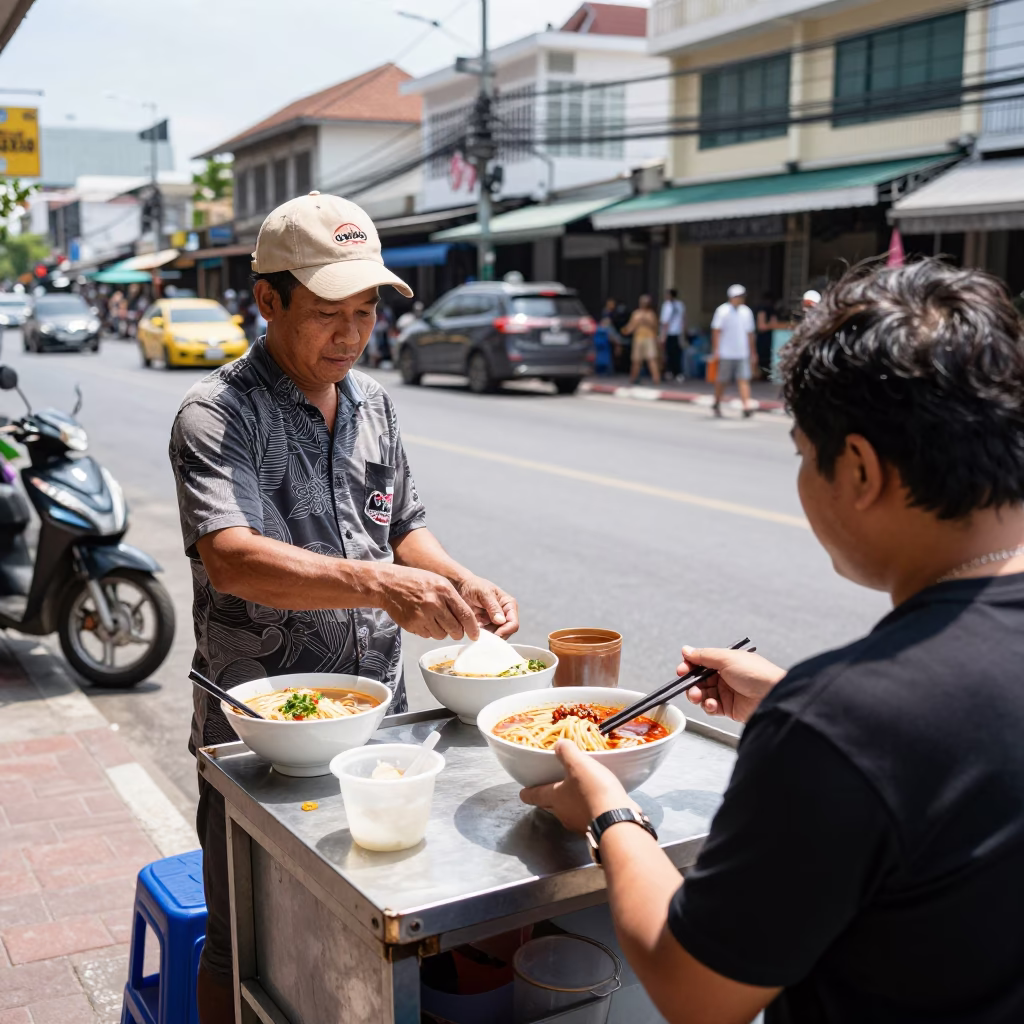 Noon Light Street Scene in Phuket Thailand with Local Vendor and Tantanmen Ramen in in Phuket, Thailand