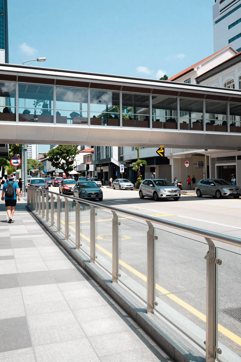 Noon Light Street Scene in Singapore with Clear Glass Rail and Local Activity in in Singapore, Singapore