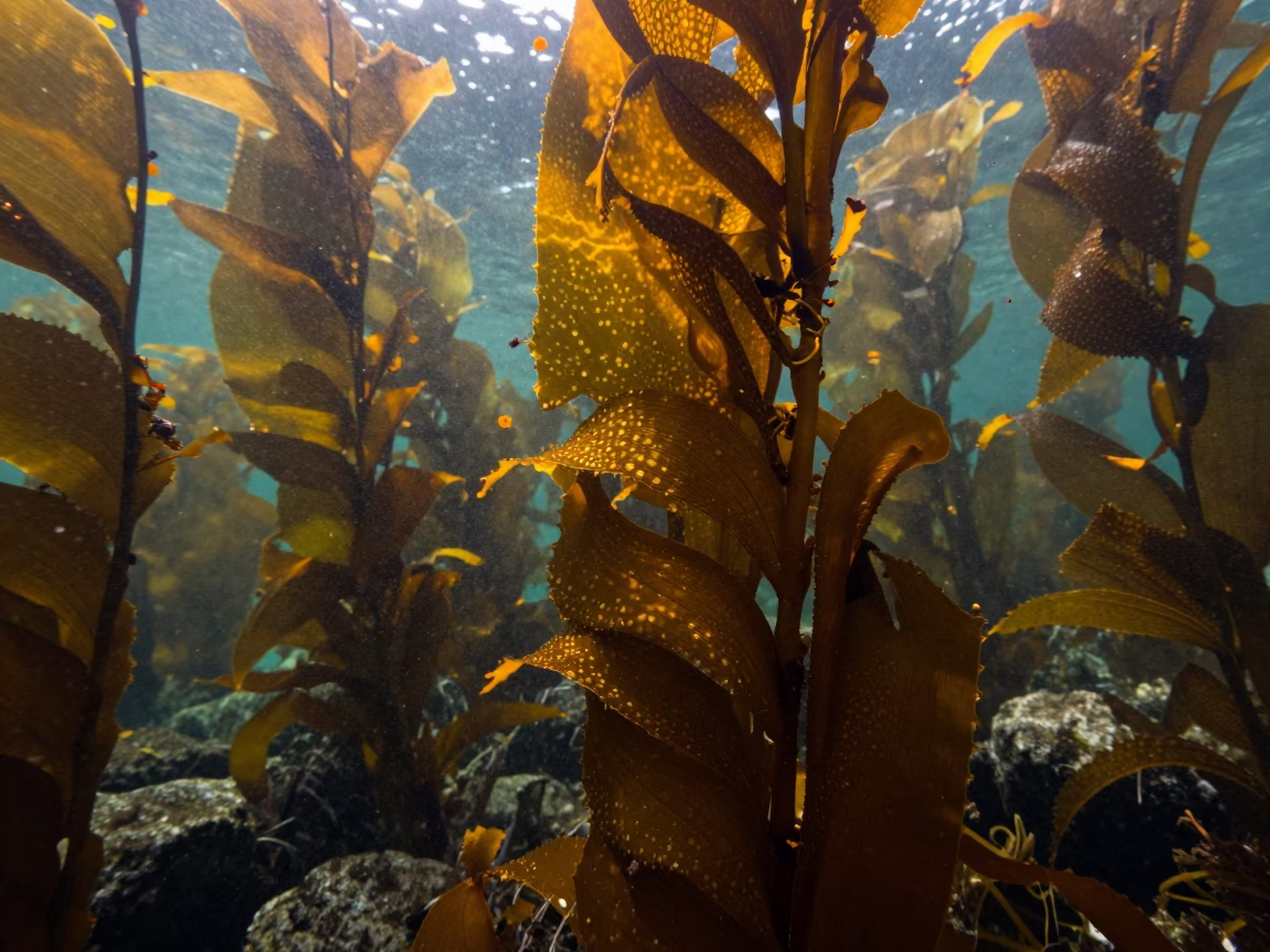 Noon Light Through Kelp Fronds British Columbia Shelf in through kelp fronds beside a rocky shelf in British Columbia