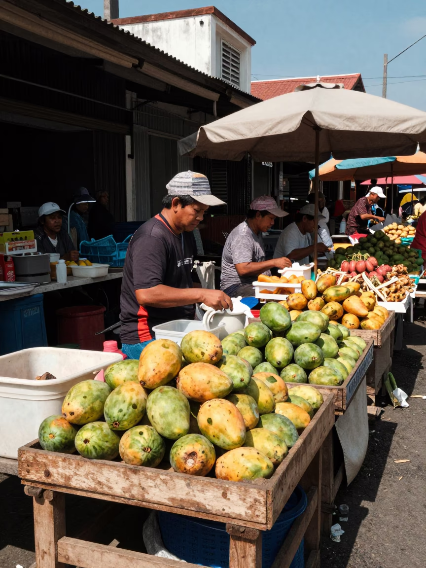 Noon Market Scene in Denpasar Indonesia with Fresh Mangoes and Local Vendors in in Denpasar, Indonesia