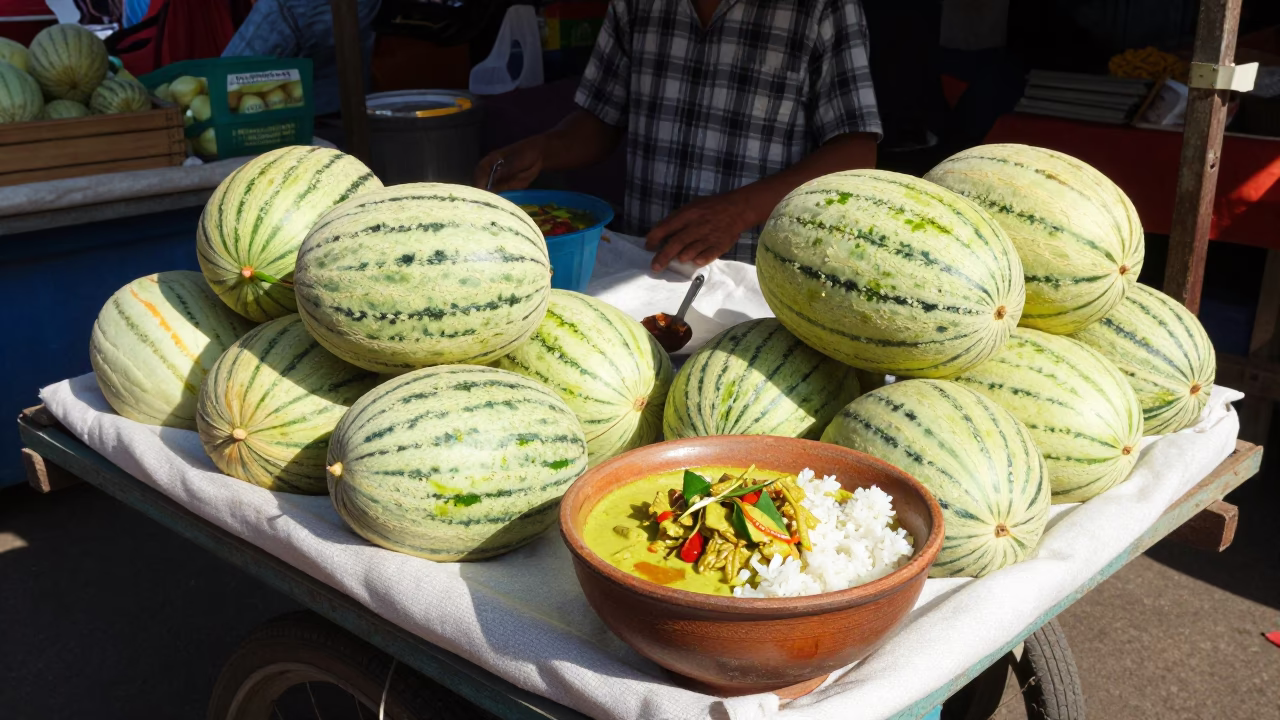 Noon Market Stall in Phnom Penh Cambodia Selling Fresh Melons and Green Curry in in Phnom Penh, Cambodia