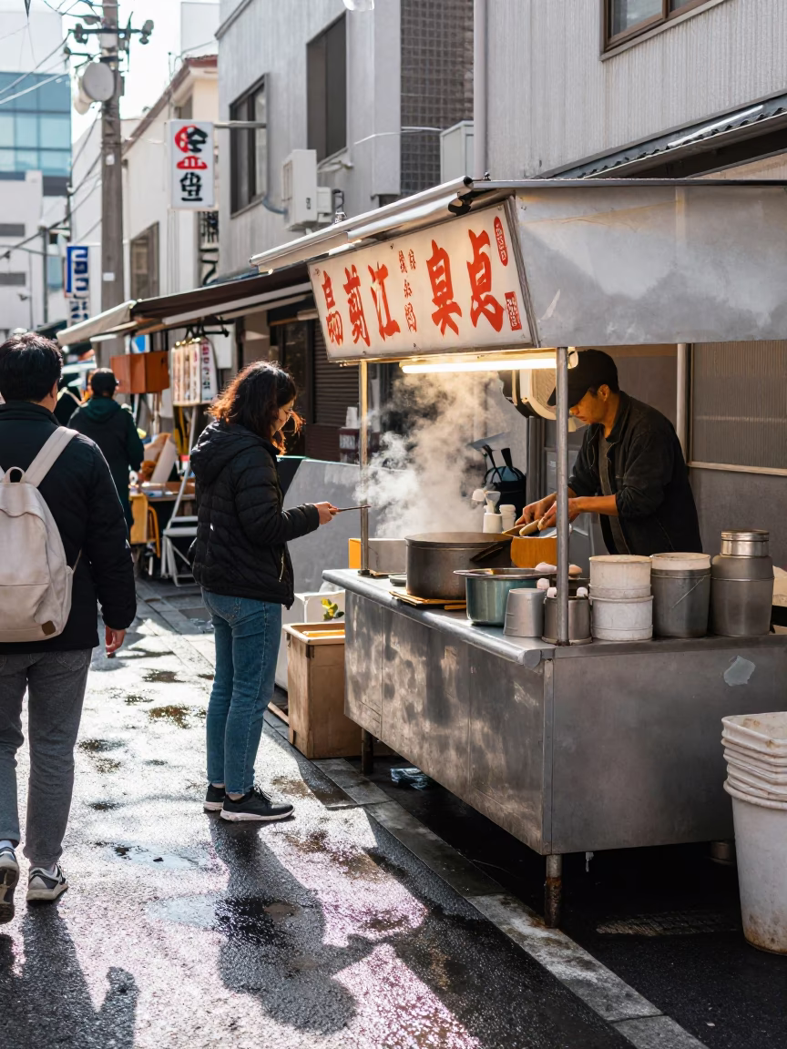 Noon Street Food Scene in Osaka Japan with Grease Sheen on Cup and Coaster in in Osaka, Japan