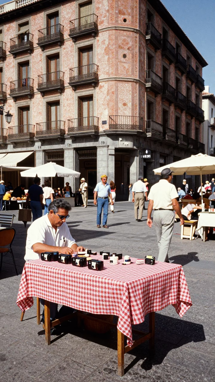 Noon Street Market Scene in Madrid Spain with Vintage 1970s Charm in in Madrid, Spain