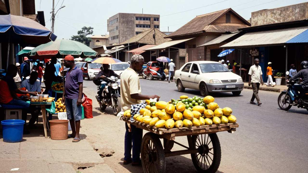 Noon Street Scene in Accra Ghana with Yellow Fruit Vendor and Traditional Market Activity in in Accra, Ghana