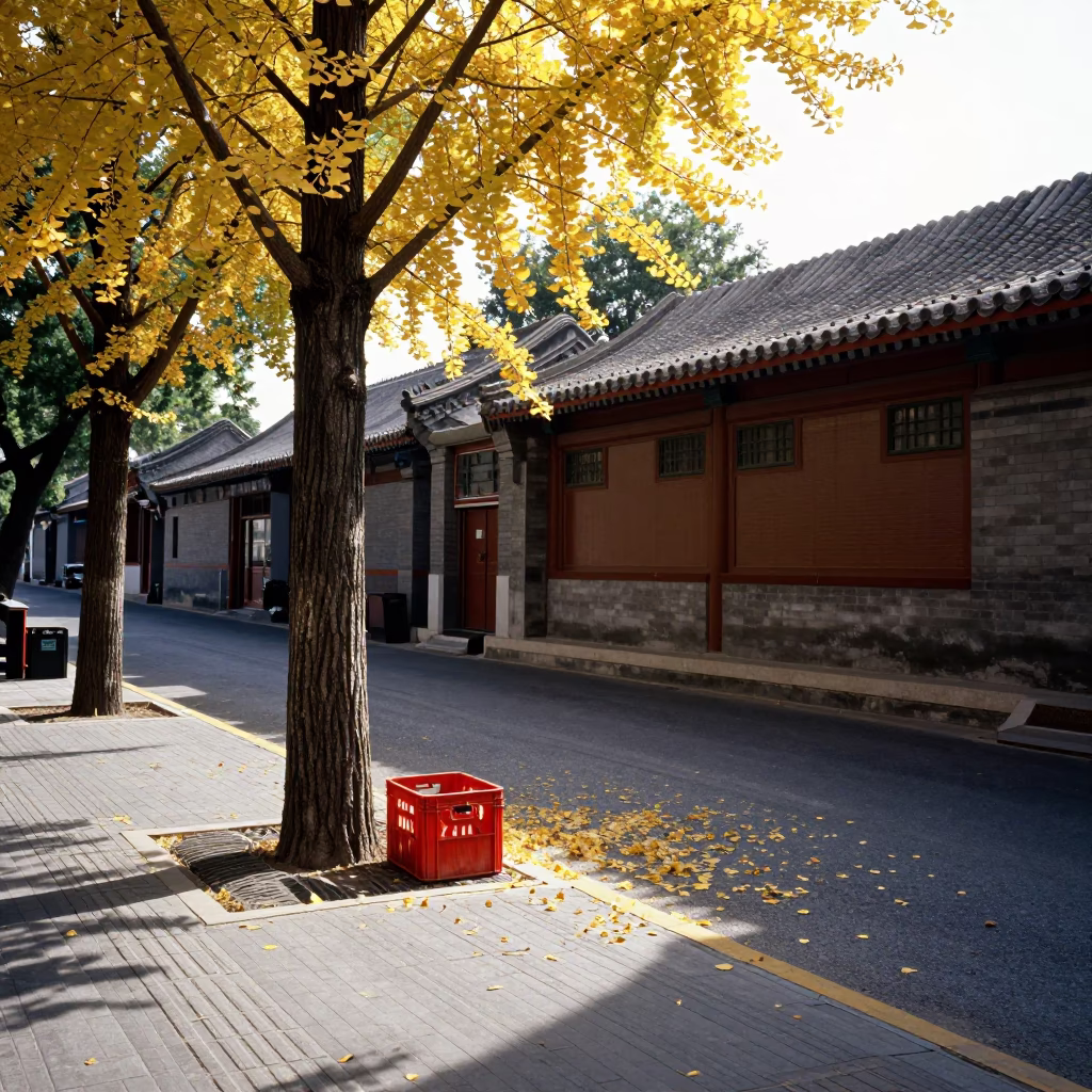 Noon Street Scene in Beijing China with Ginkgo Tree and Crate in in Beijing, China