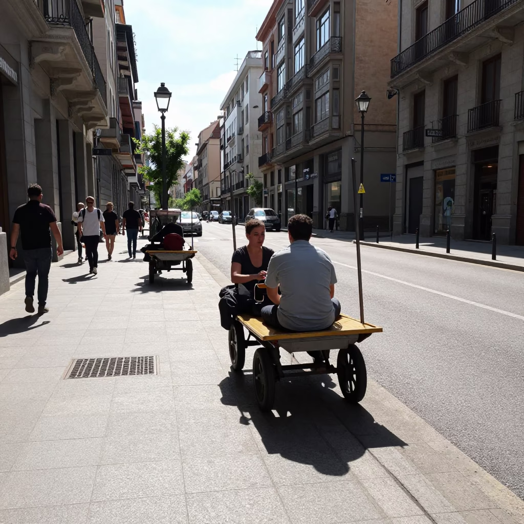 Noon Street Scene in Bilbao Spain with Rolling Carts and Urban Details in in Bilbao, Spain