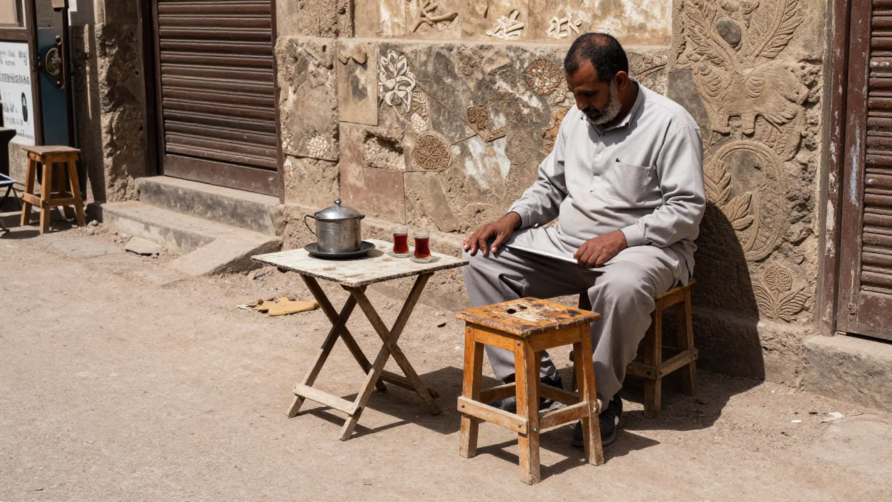 Noon Street Scene in Cairo Egypt with Wooden Stool and Tea Strainer in in Cairo, Egypt