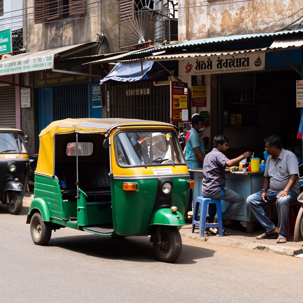 Noon Street Scene in Chennai India with Auto Rickshaws and Shopkeepers Under Flat Glare in in Chennai, India