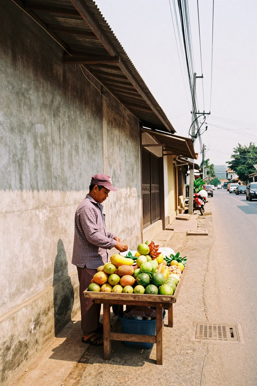 Noon Street Scene in Chiang Mai Thailand with Wooden Tray Vendor in in Chiang Mai, Thailand