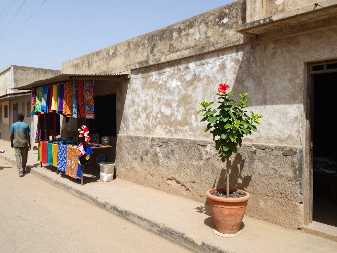 Noon Street Scene in Dakar Senegal with Terracotta Pot and Hibiscus Flower Detail in in Dakar, Senegal