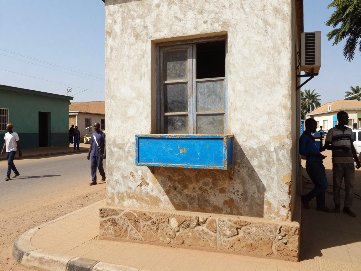 Noon Street Scene in Dakar Senegal with Window Box and Blue White Porcelain Jar in in Dakar, Senegal