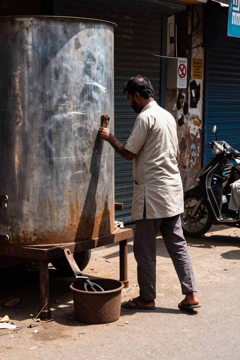 Noon Street Scene in Delhi India with Rusty Runner and Utensil Crocks in in Delhi, India