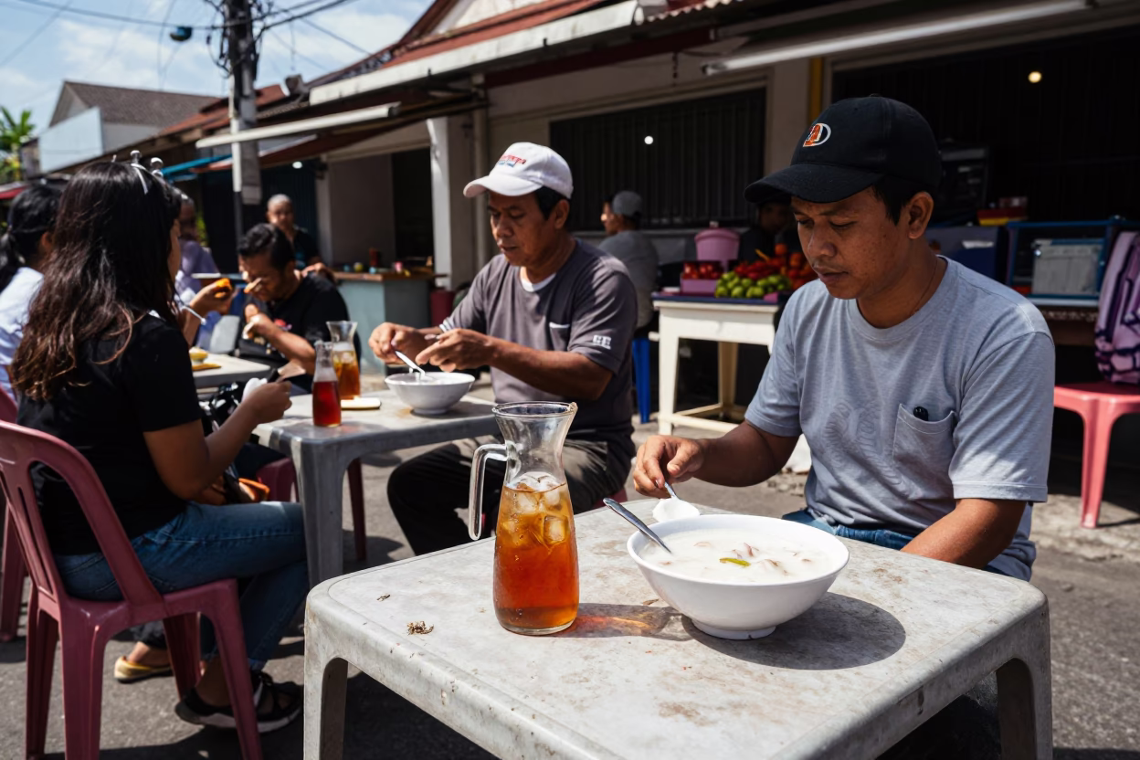 Noon Street Scene in Denpasar Indonesia with Carafe and Congee Bowl in in Denpasar, Indonesia