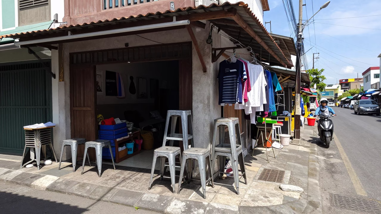 Noon Street Scene in Denpasar Indonesia with Metal Stools and Laundry in in Denpasar, Indonesia