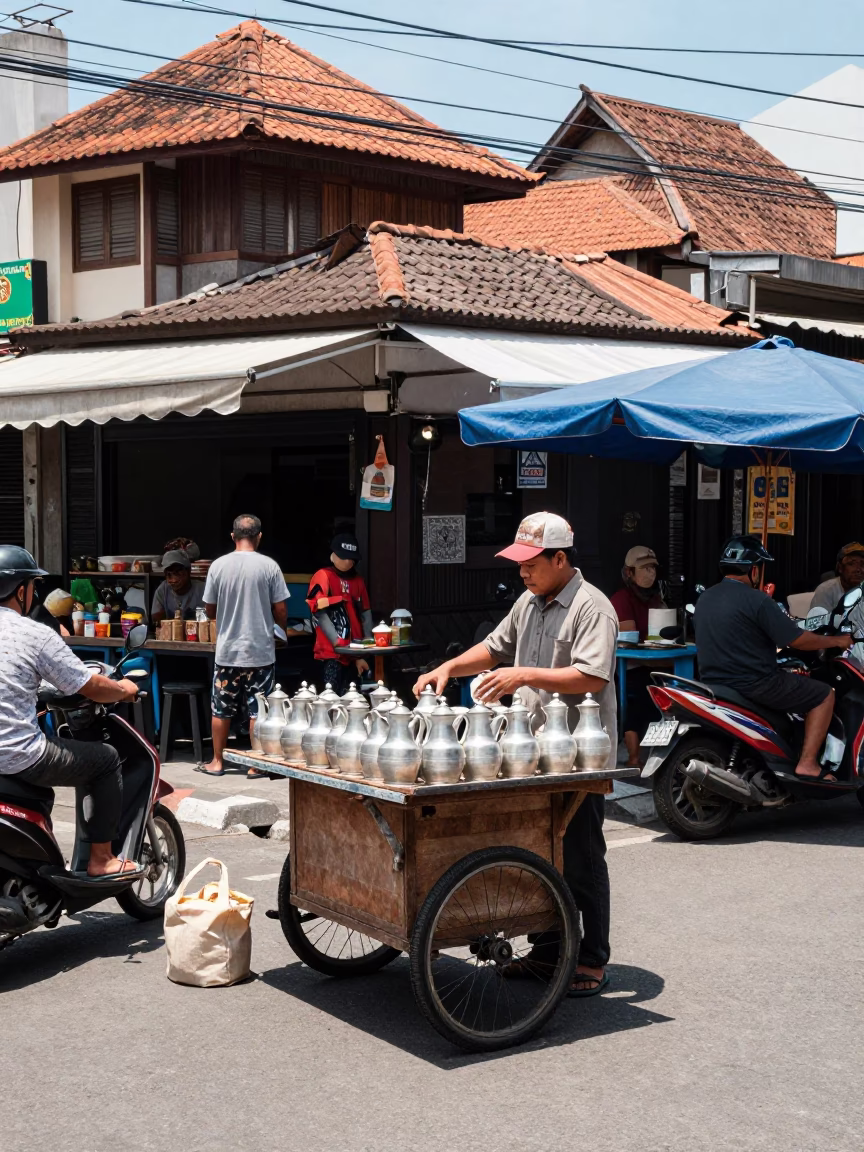 Noon Street Scene in Denpasar Indonesia with Pitcher and Local Commerce in in Denpasar, Indonesia