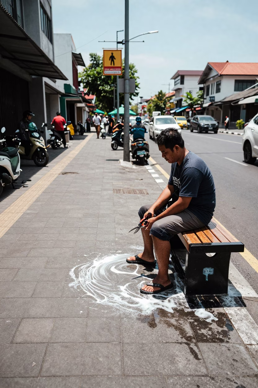 Noon Street Scene in Denpasar Indonesia with Soap Residue and Urban Life in in Denpasar, Indonesia
