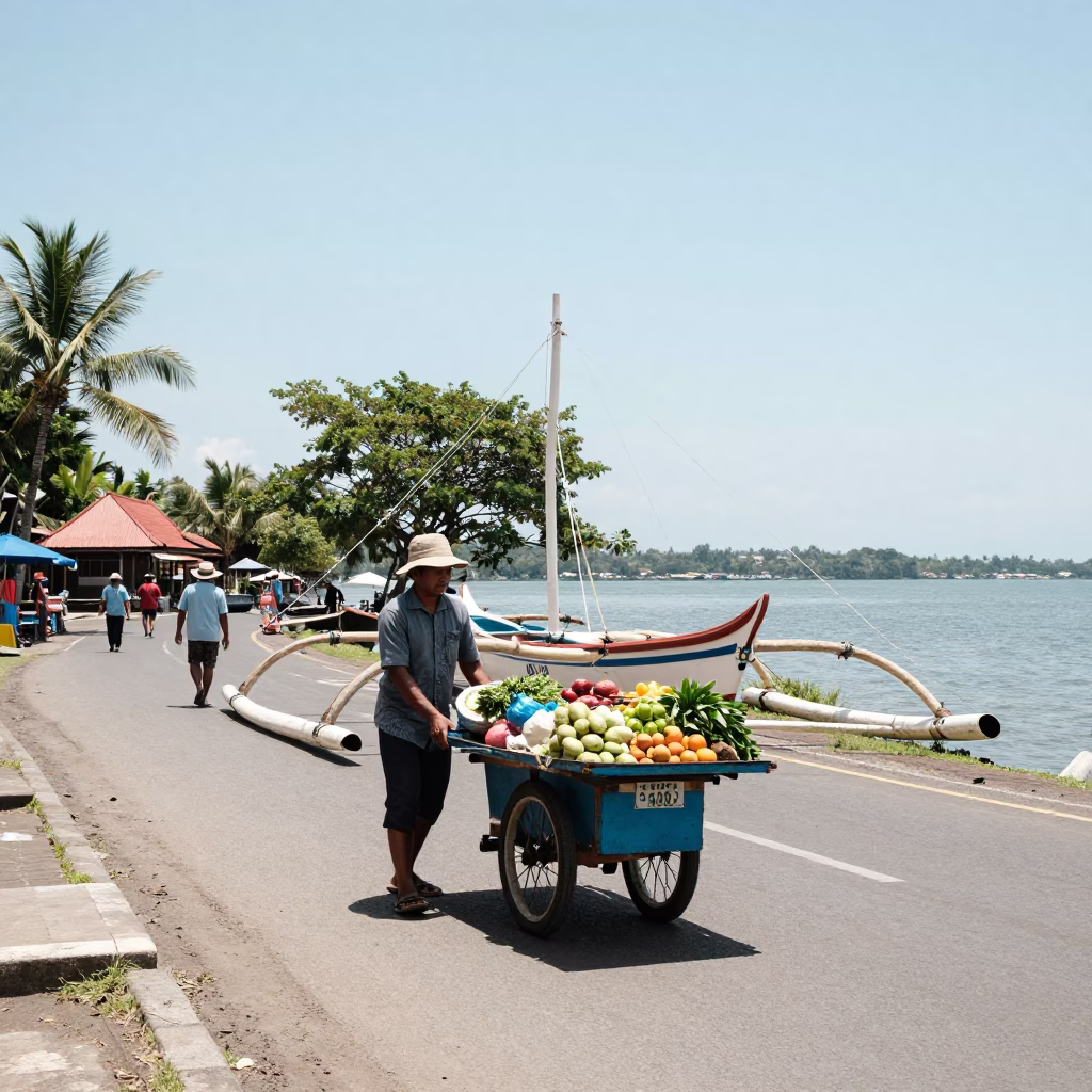 Noon Street Scene in Denpasar Indonesia with Traditional Fishing Prau Outrigger Boat in in Denpasar, Indonesia