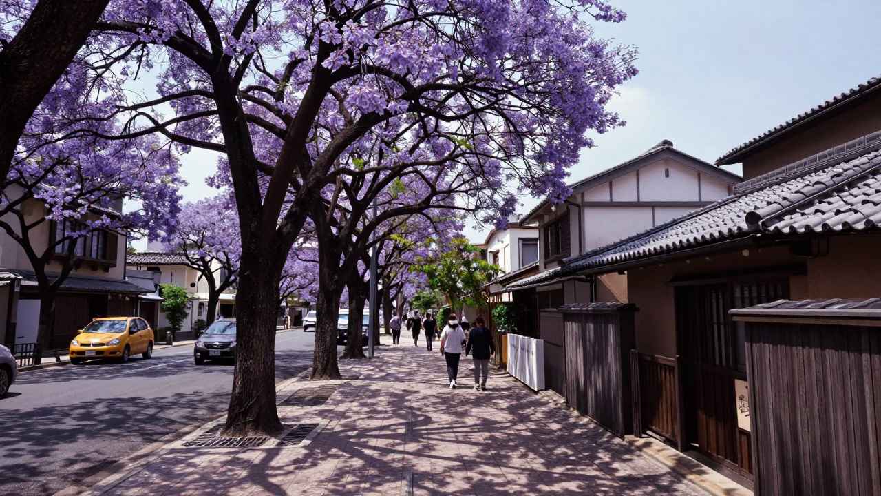Noon Street Scene in Fukuoka Japan with Jacaranda Tree and Vintage Shop Display in in Fukuoka, Japan