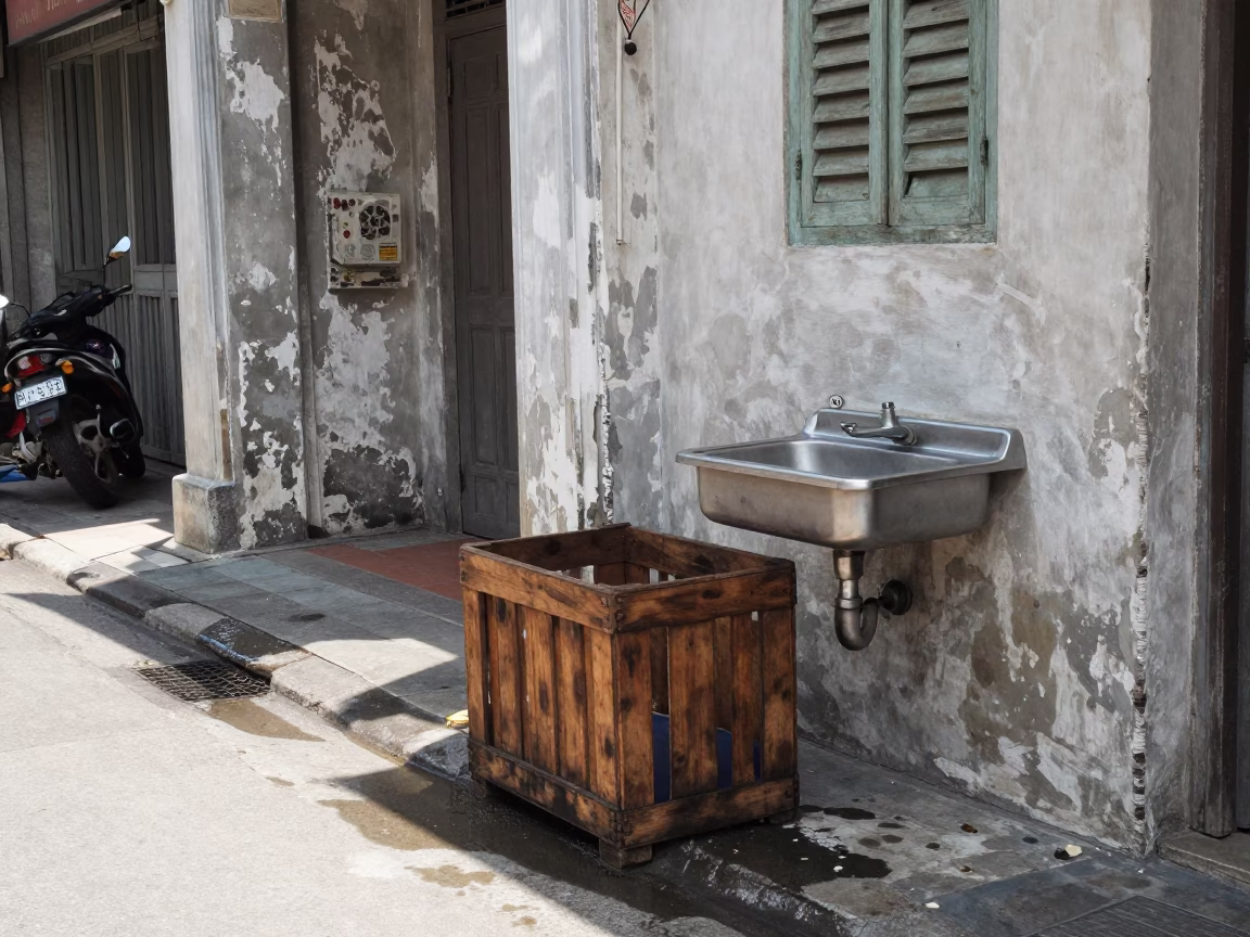 Noon Street Scene in George Town Malaysia with Crate and Sink in Busy Alley in in George Town, Malaysia