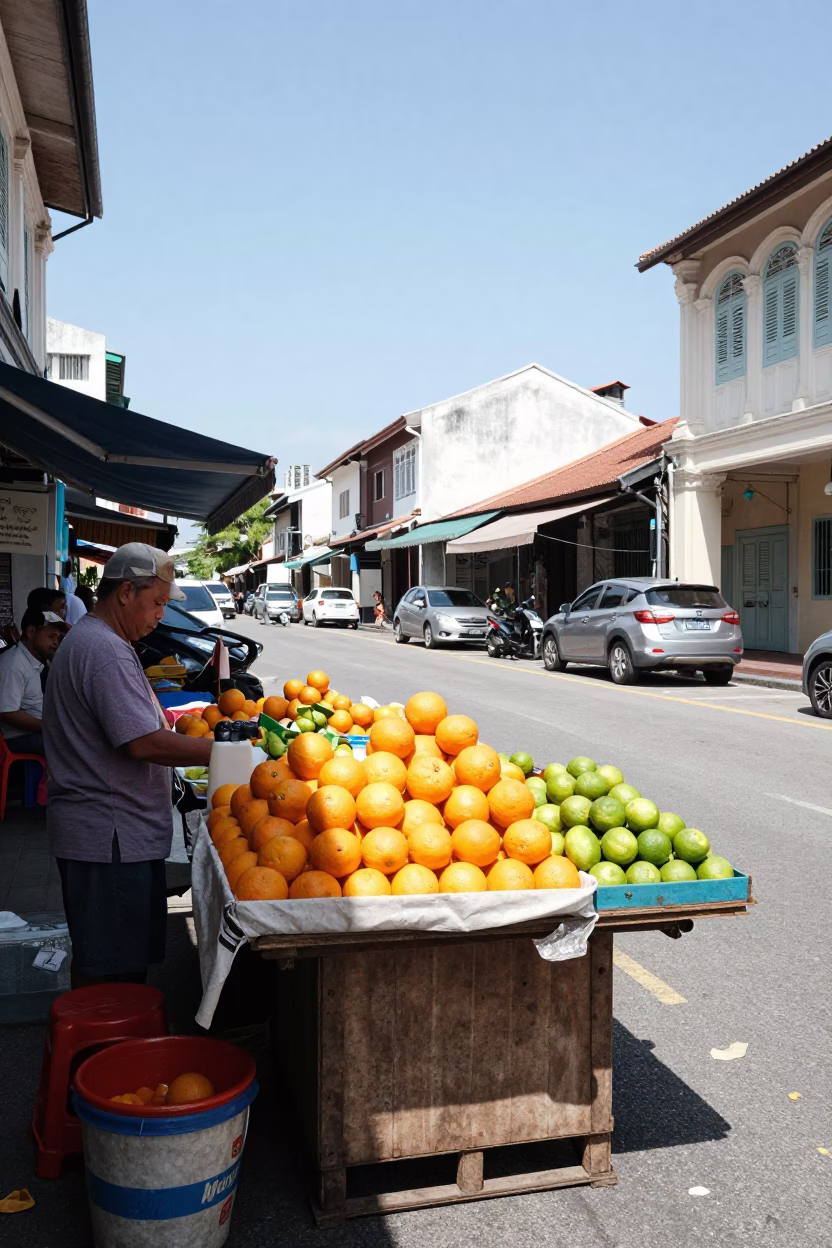 Noon Street Scene in George Town Malaysia with Fruit Stall and Sunlight in in George Town, Malaysia