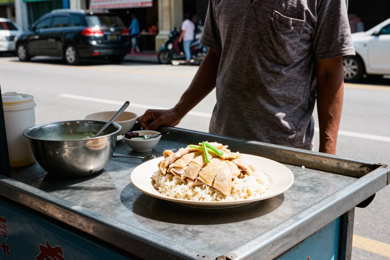 Noon Street Scene in George Town Malaysia with Hainanese Chicken Rice and Ceramic Bowl in in George Town, Malaysia