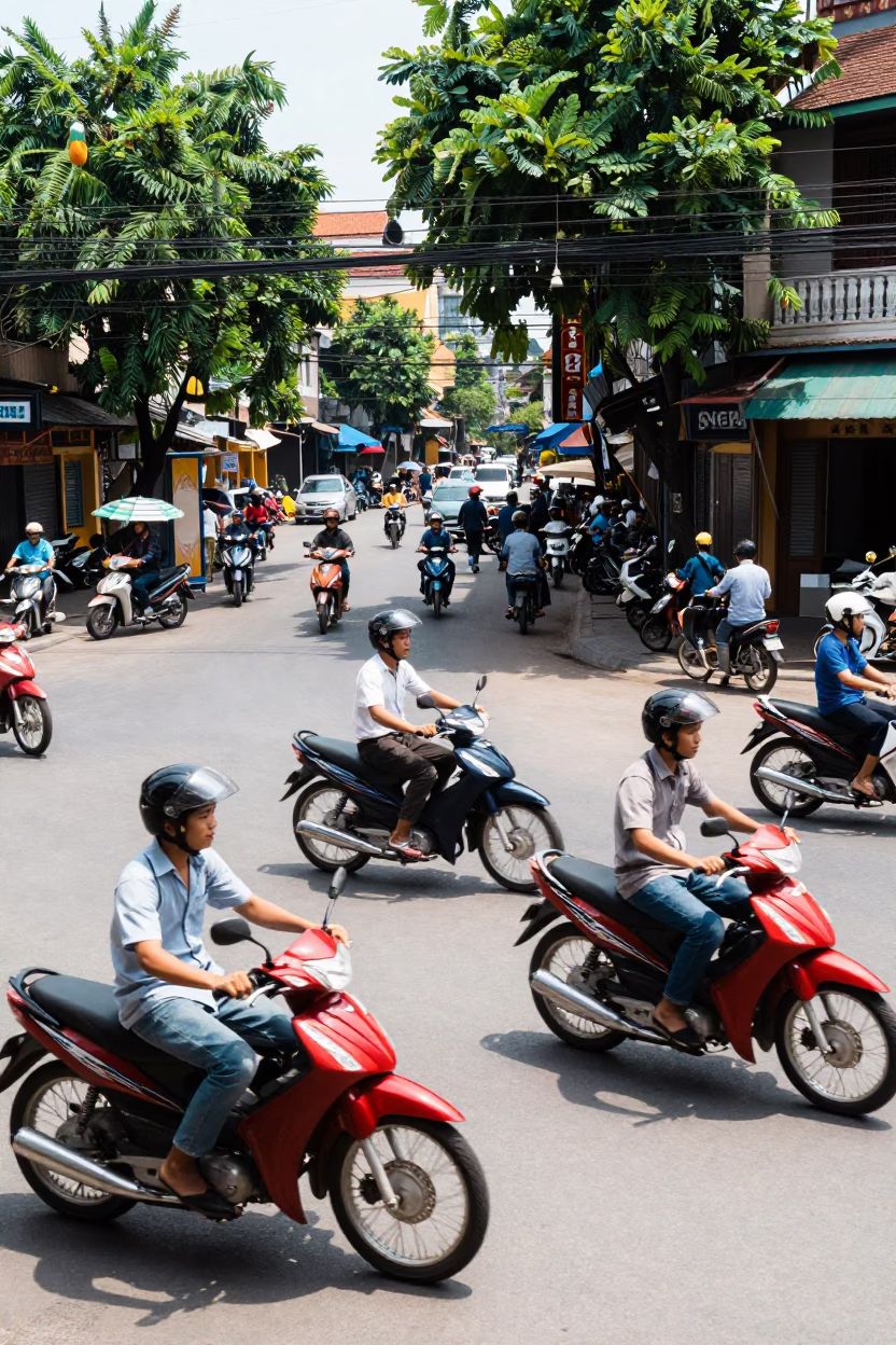 Noon Street Scene in Hanoi Vietnam with Motorbikes and Scooter Riders in in Hanoi, Vietnam