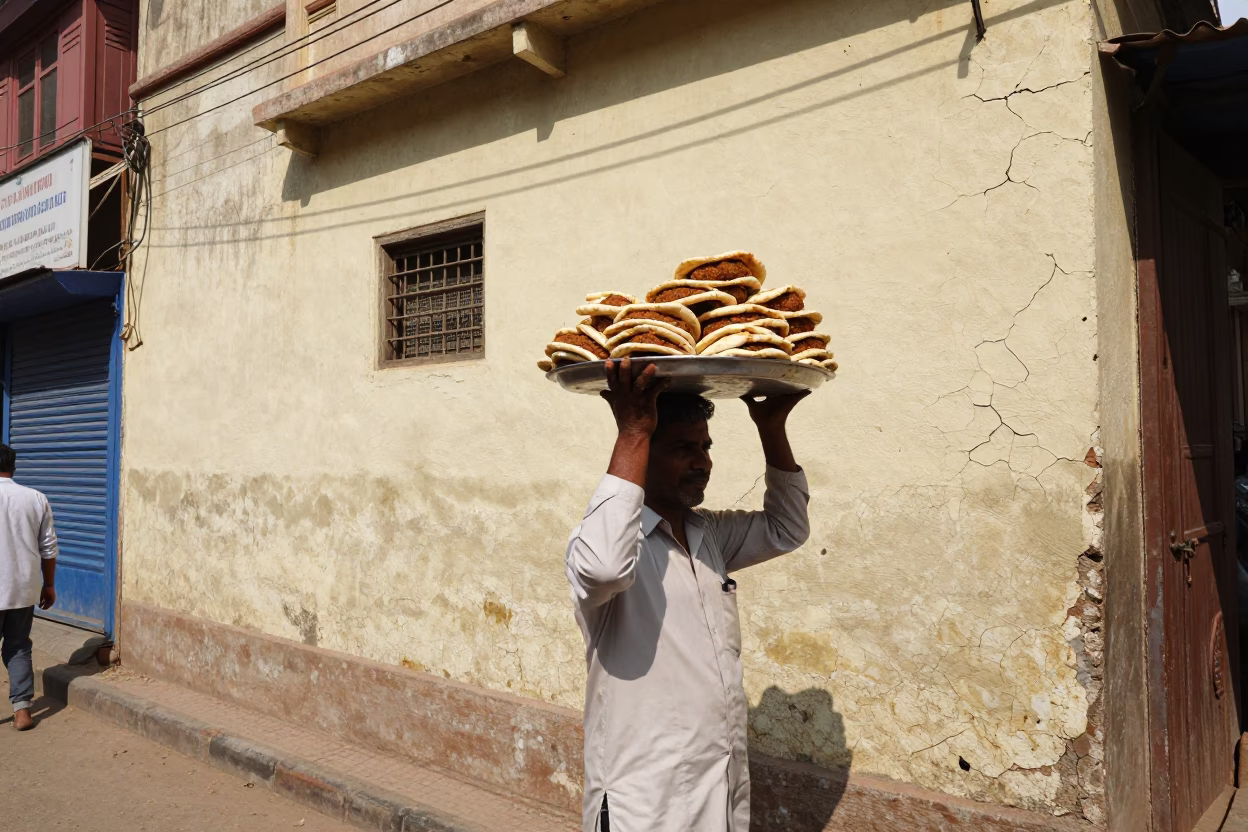 Noon Street Scene in Hyderabad India with Cracked Stucco and Local Vendor Activity in in Hyderabad, India