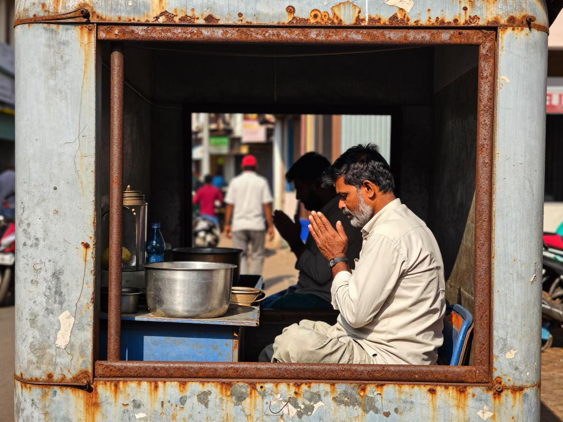Noon Street Scene in Hyderabad India with Rusty Frame and Prayer Beads in in Hyderabad, India