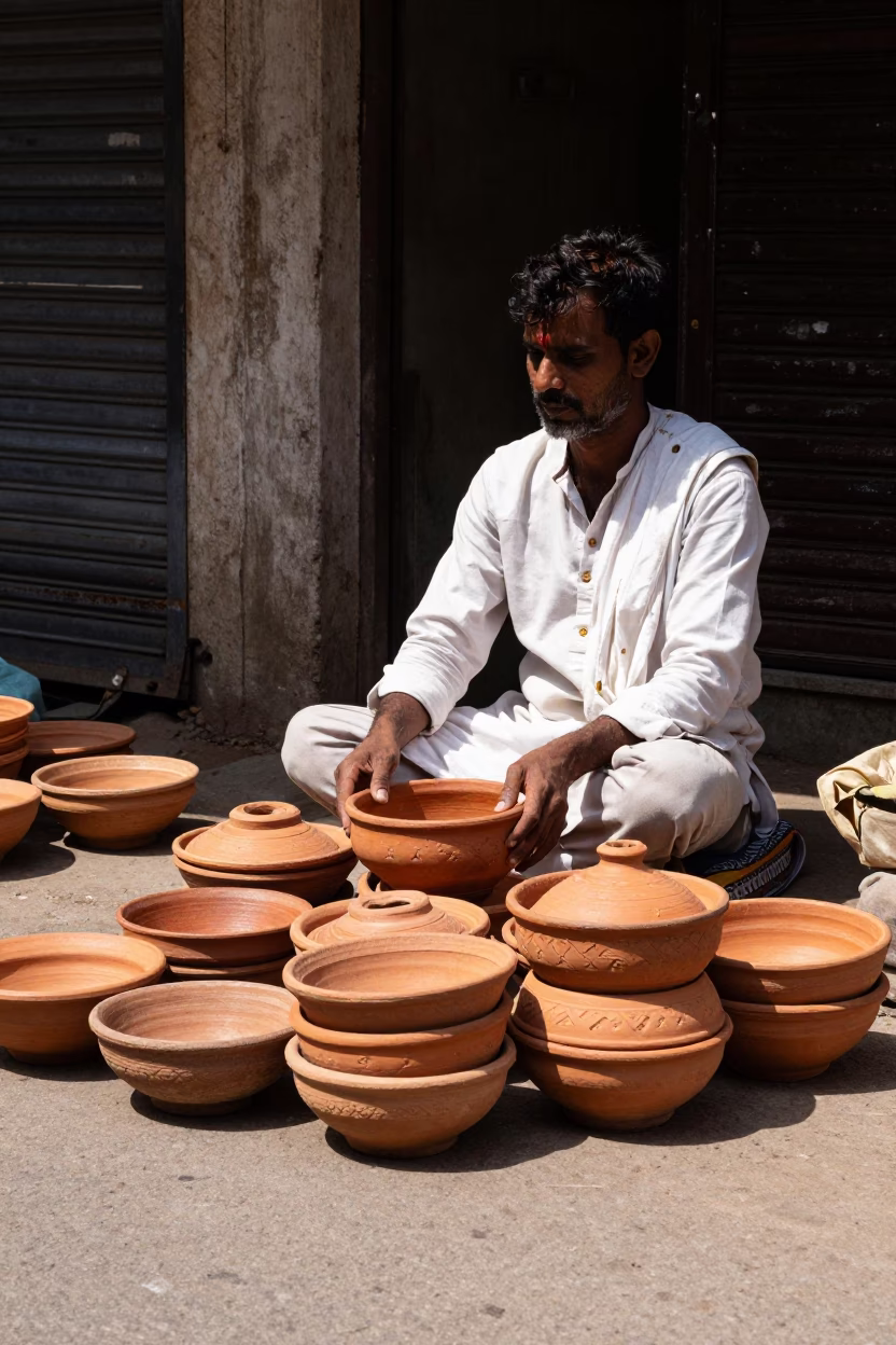 Noon Street Scene in Hyderabad India with Terracotta Bowls and Traditional Vendors in in Hyderabad, India