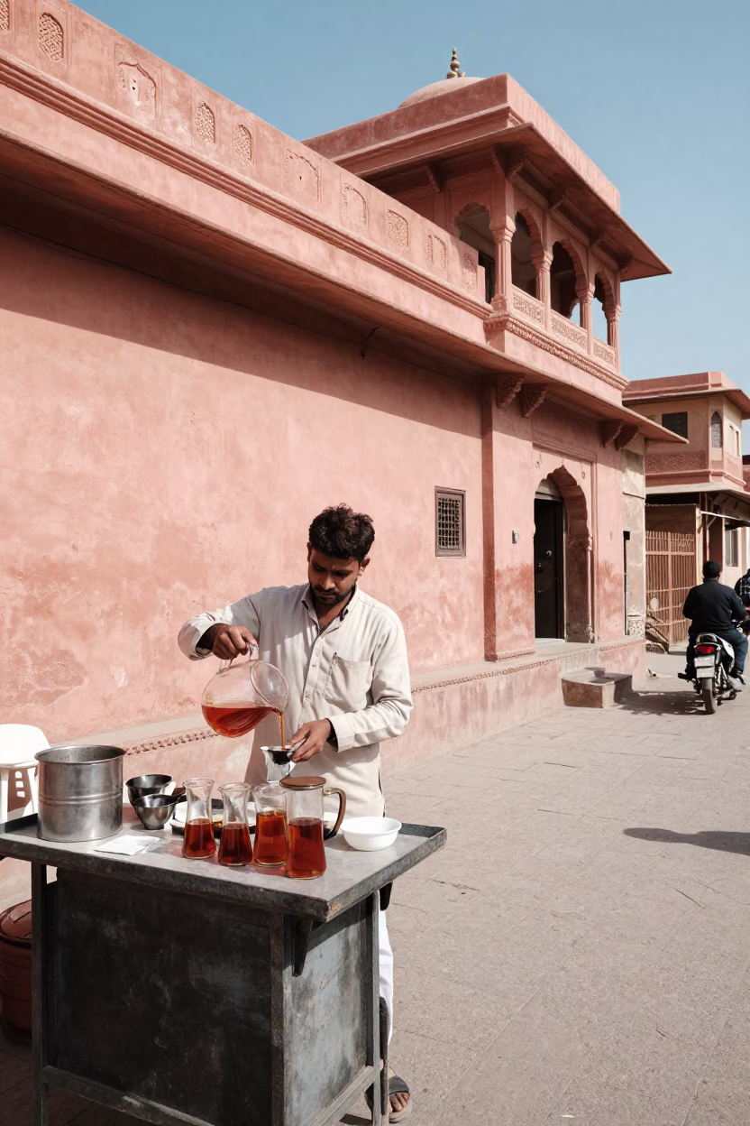 Noon Street Scene in Jaipur India with Tea Stall and Pitcher in in Jaipur, India