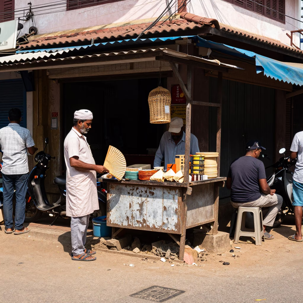 Noon Street Scene in Kochi India with Folding Fan and Local Market Activity in in Kochi, India