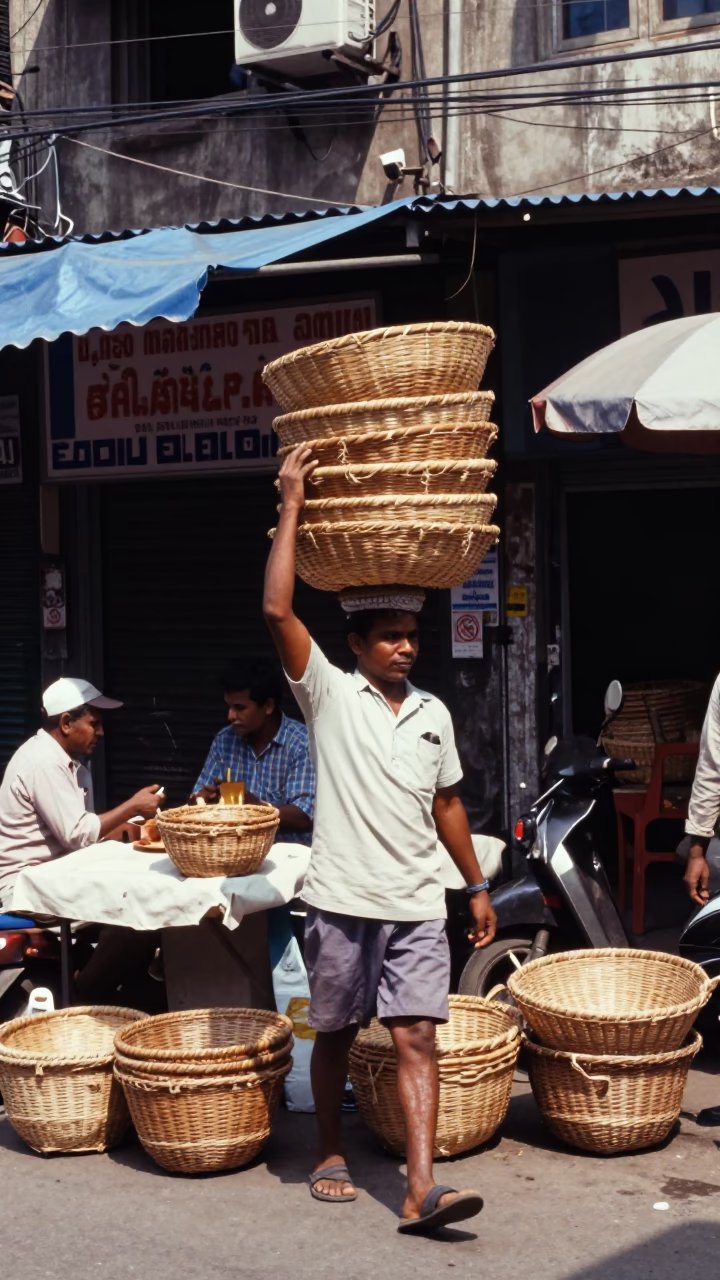 Noon Street Scene in Kolkata India with Woven Baskets and Urban Life in in Kolkata, India