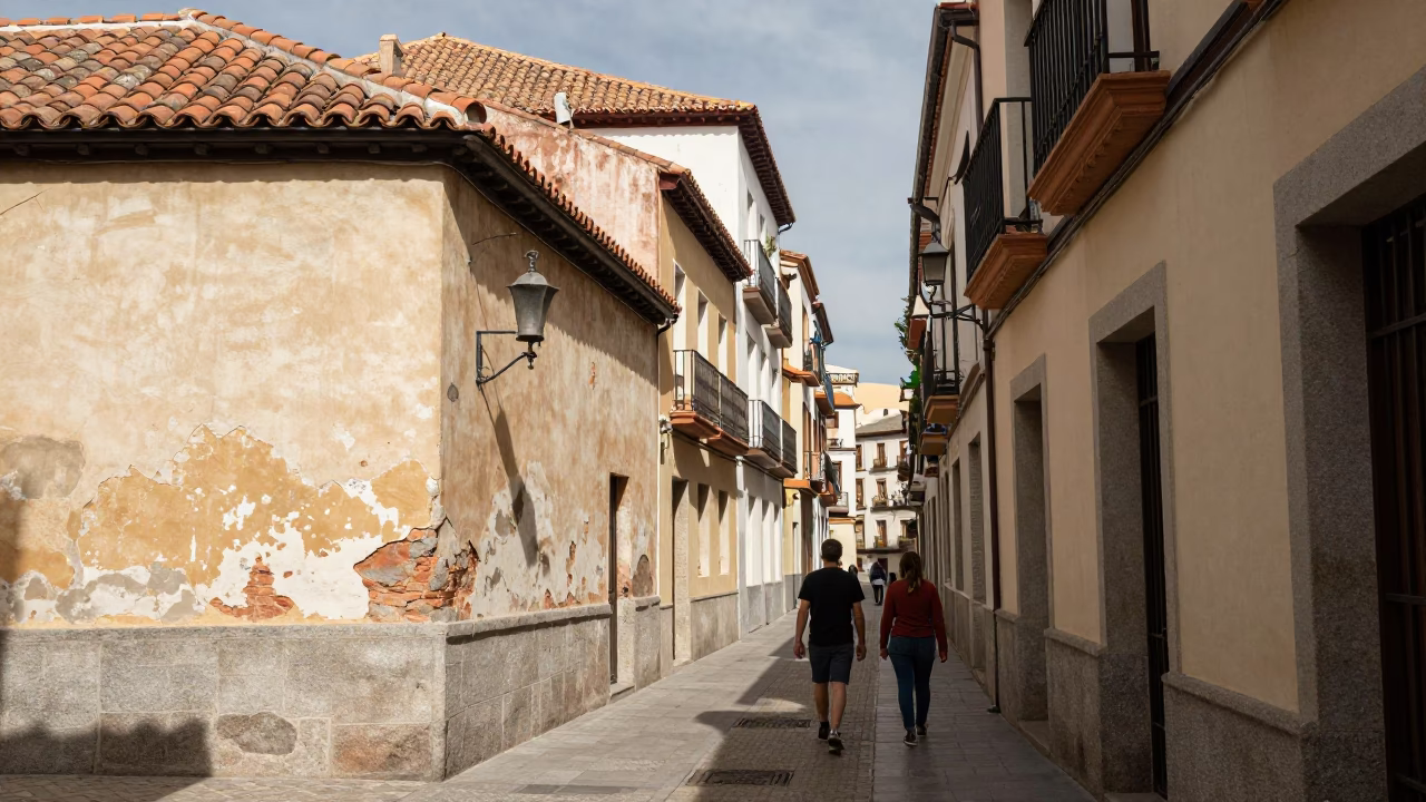 Noon Street Scene in Madrid Spain with Bell and Cleaver on Wooden Counter in in Madrid, Spain