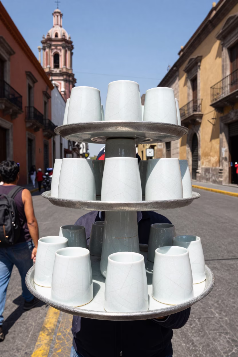 Noon Street Scene in Mexico City with Porcelain and Chess Clock in in Mexico City, Mexico