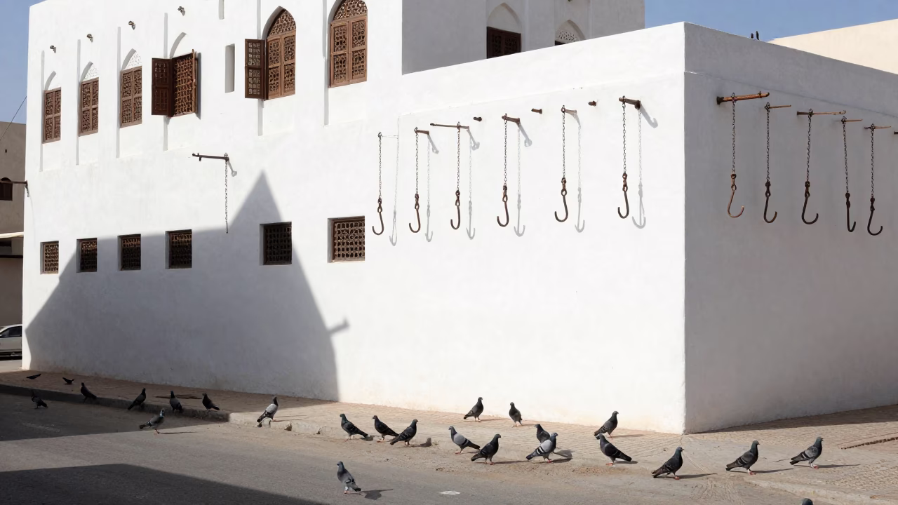 Noon Street Scene in Muscat Oman With Pigeons And Iron Hooks in in Muscat, Oman