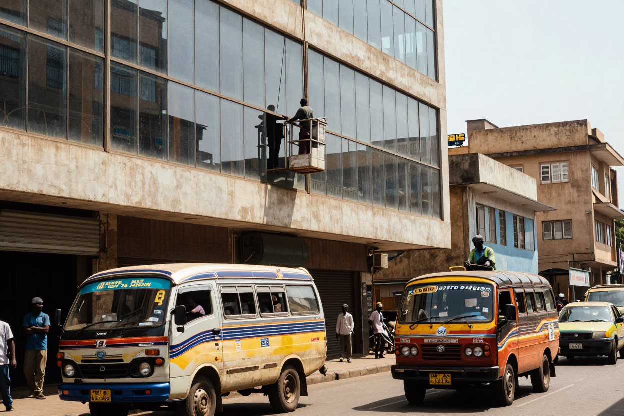 Noon Street Scene in Nairobi Kenya with Window Washer and Urban Architecture in in Nairobi, Kenya