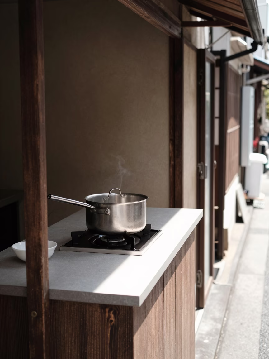 Noon Street Scene in Osaka Japan with Saucepan on Counter in in Osaka, Japan