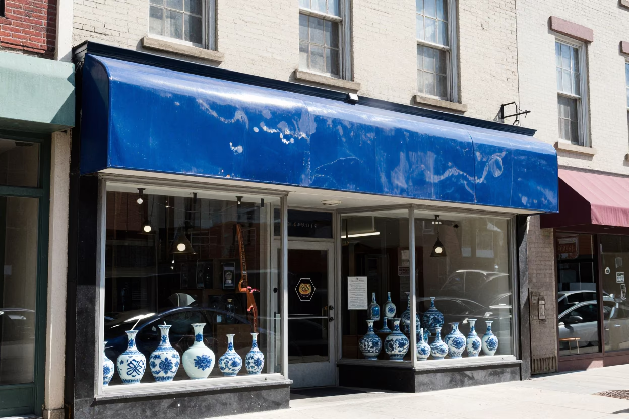 Noon Street Scene in Philadelphia Pennsylvania with Blue and White Porcelain Display in in Philadelphia, Pennsylvania, United States