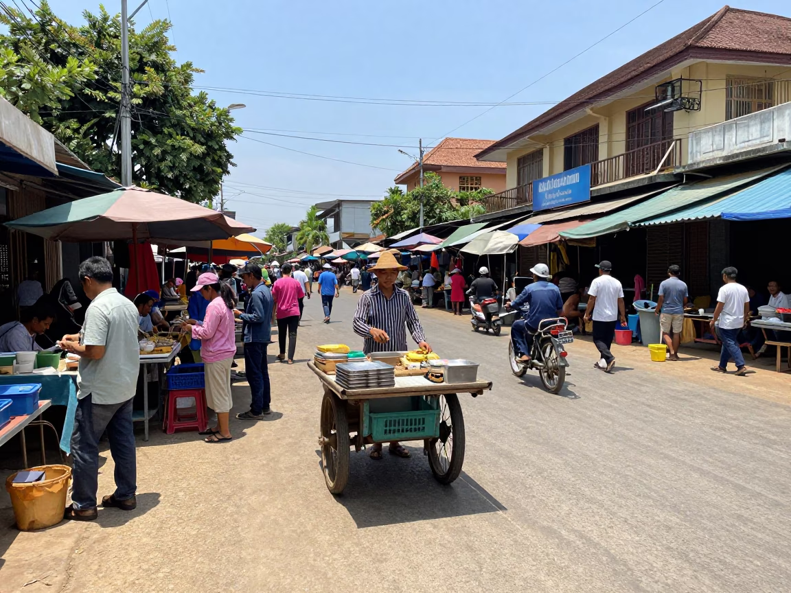 Noon Street Scene in Phnom Penh Cambodia with Local Market Activity in in Phnom Penh, Cambodia