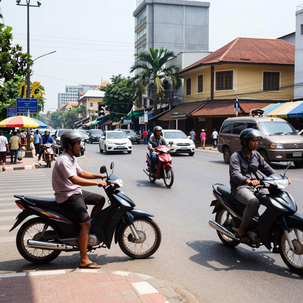 Noon Street Scene in Phnom Penh Cambodia with Motorbike and Pedestrians in in Phnom Penh, Cambodia