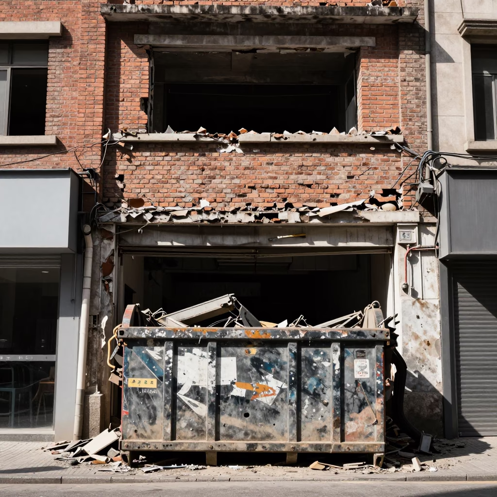 Noon Street Scene in Shanghai China with Demolition Dumpster and Gutted Storefront Facade in in Shanghai, China