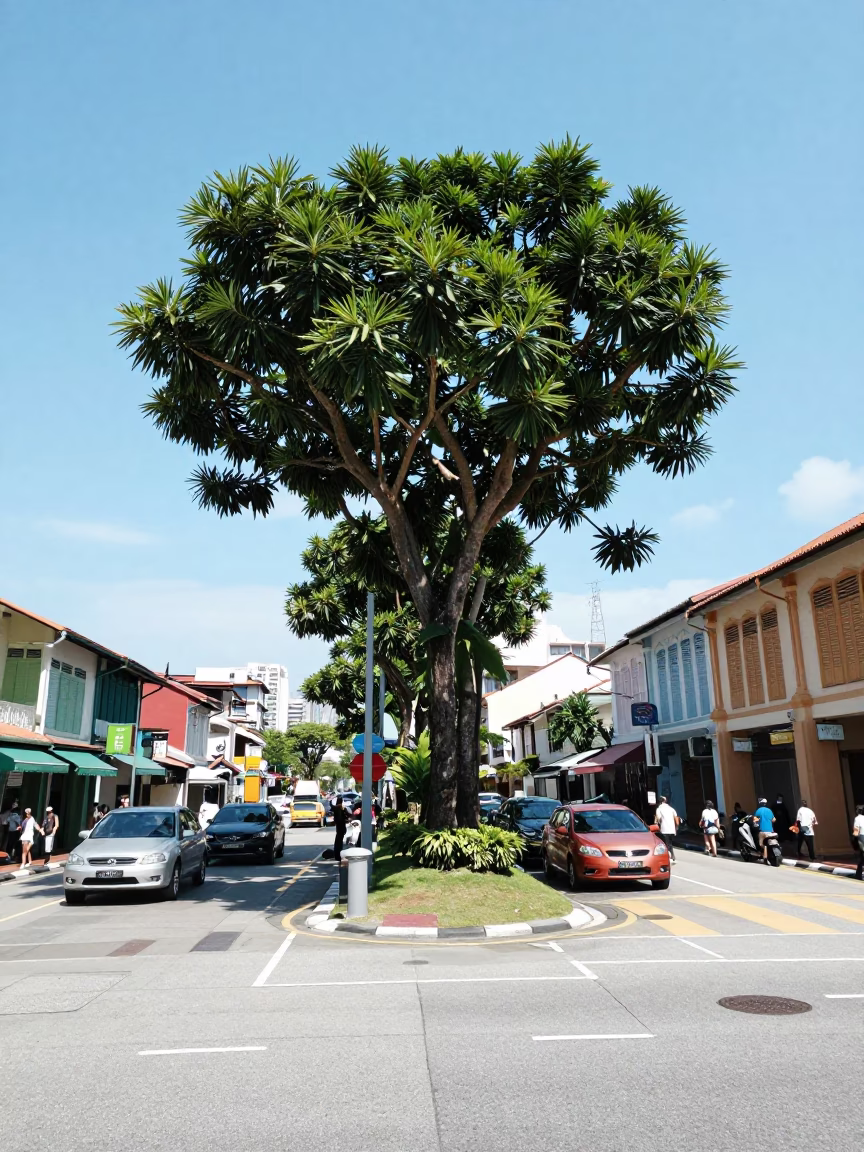 Noon Street Scene in Singapore Featuring Euphorbia Candelabra and Local Market Activity in in Singapore, Singapore