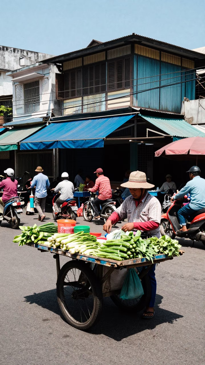 Noon Street Scene in Surabaya Indonesia with Local Vendor and Colorful Market Activity in in Surabaya, Indonesia