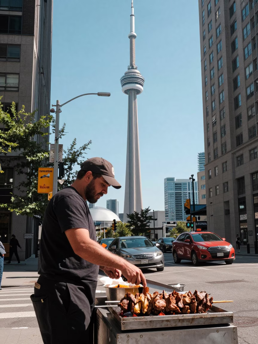 Noon Street Scene in Toronto Ontario with Kebab and Knife on Lavash in in Toronto, Ontario, Canada