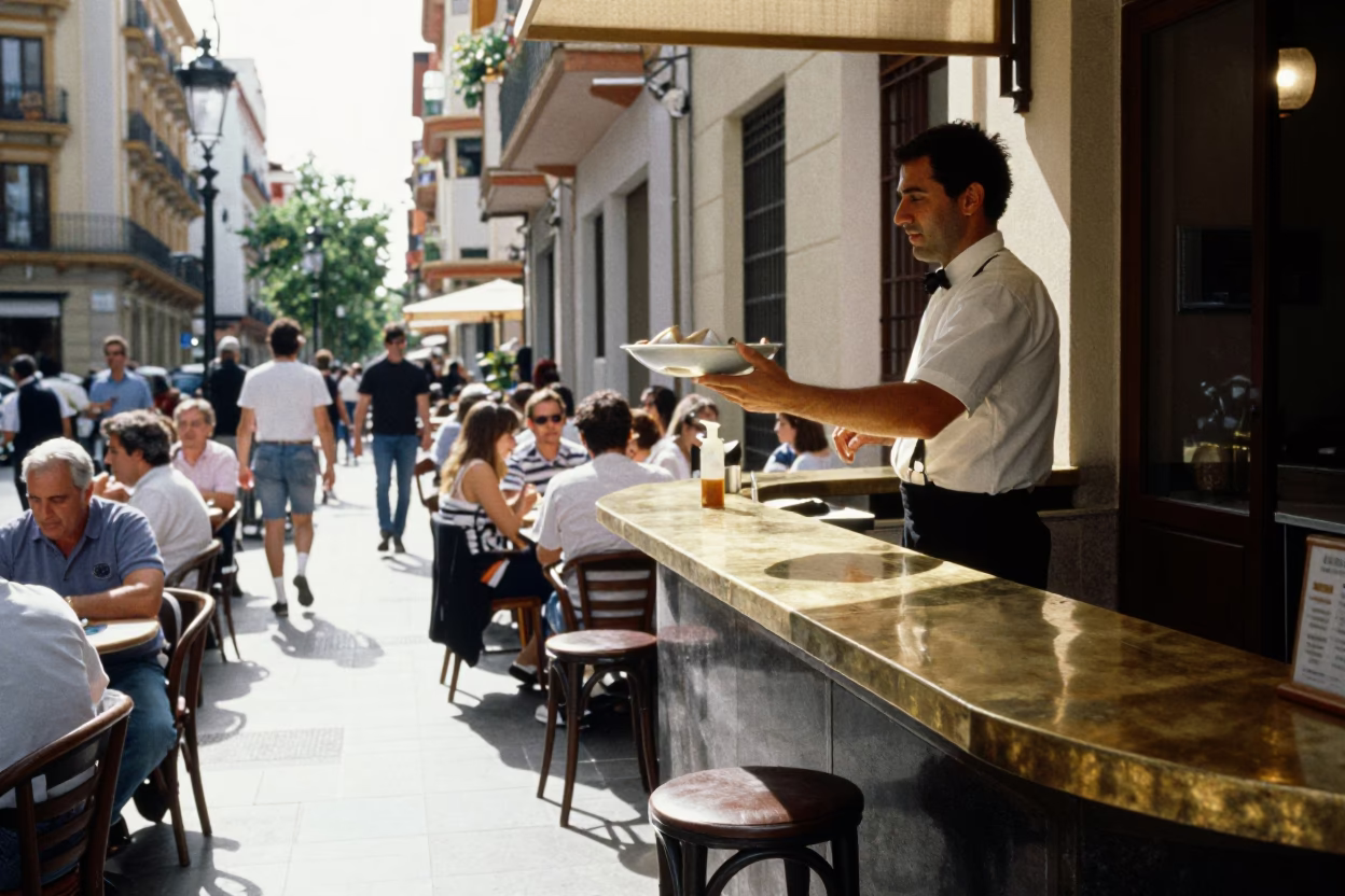 Noon Street Scene in Valencia Spain with Brass Countertop and Local Dining in in Valencia, Spain